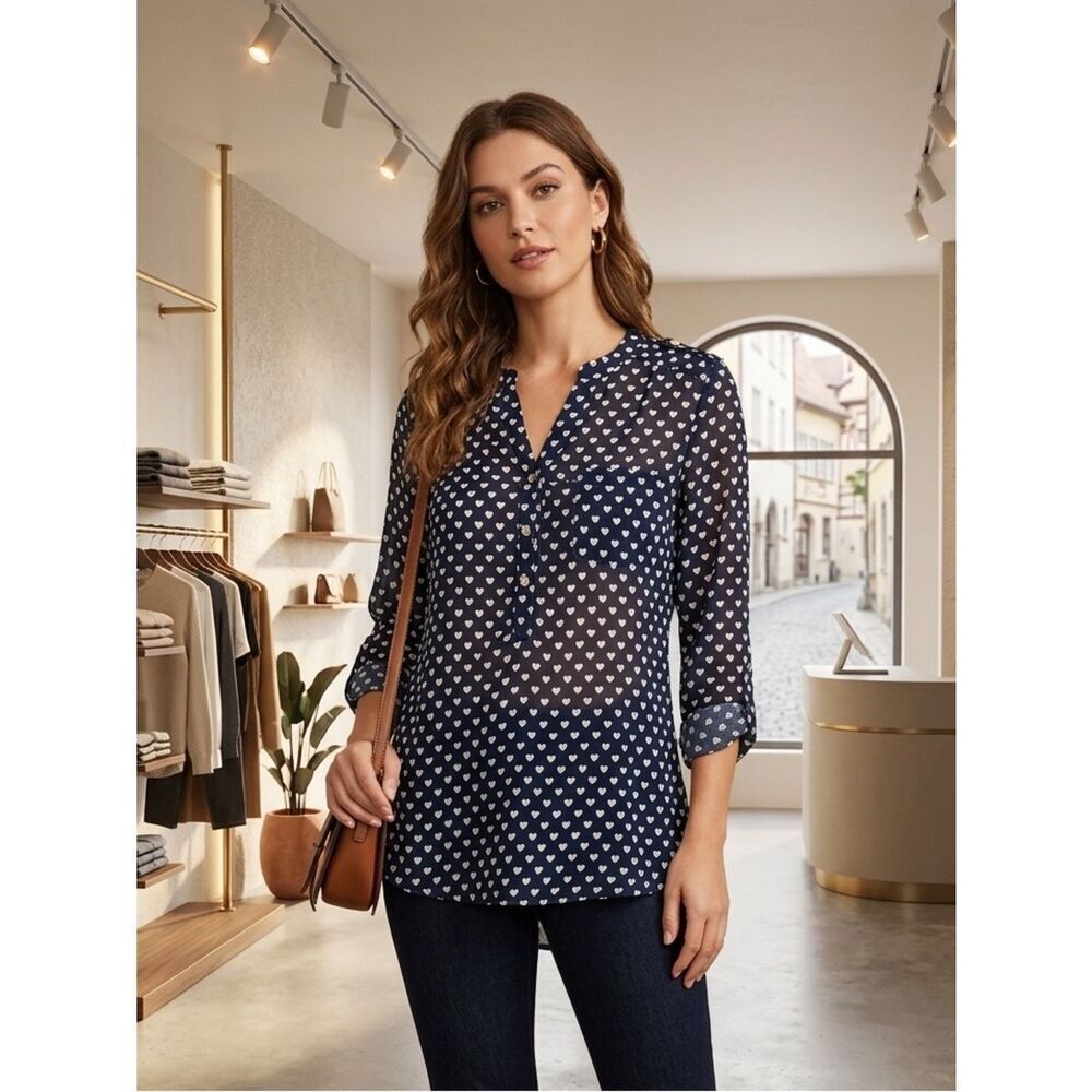 Take 50% OFF- Sweet Rain Navy Heart-Print V-Neck Blouse, Size-SP